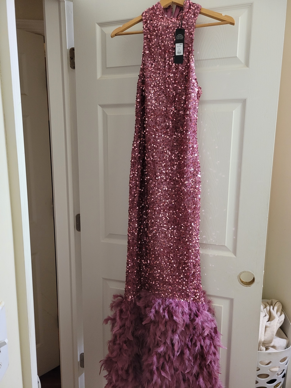 Fashion Nova Mauve Sequin Gown with Feather Hem